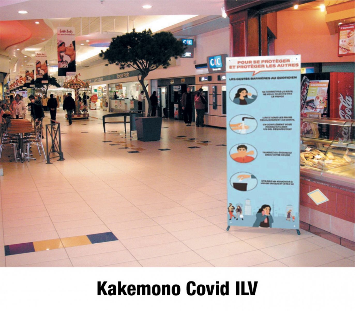 un kakemono covid19 dans une grande surface