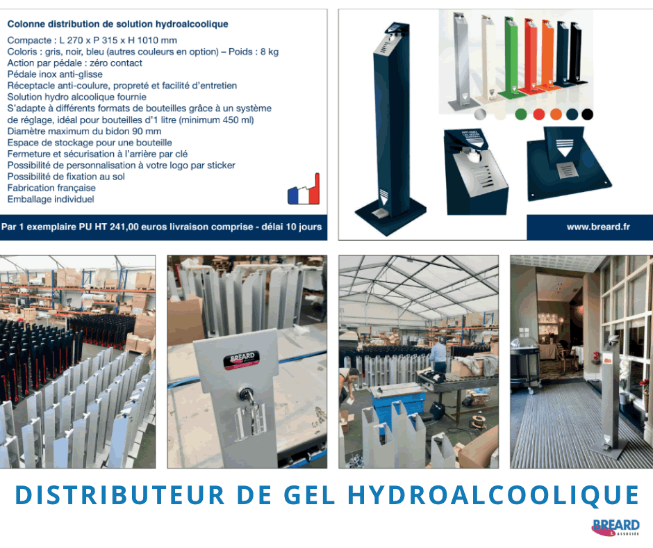 distributeur de gel hydroaloolique à pédale sans contact fait en france